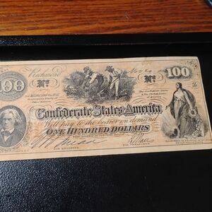 1862 $100 Confederate States Of America Dollar Bill.